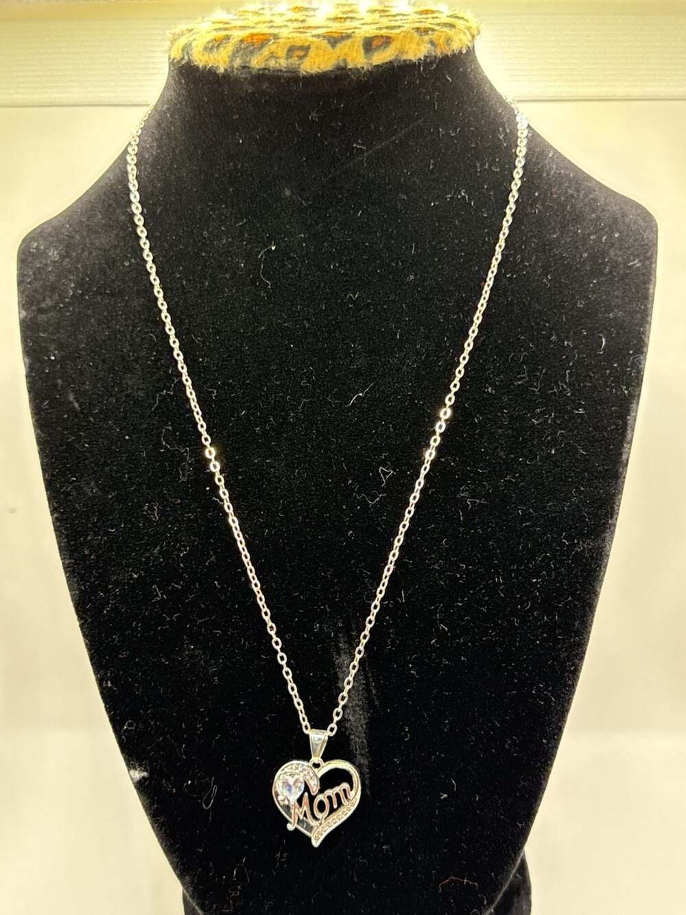 Silver Tone Mom Heart Pendant Necklace with Crystal Stones
